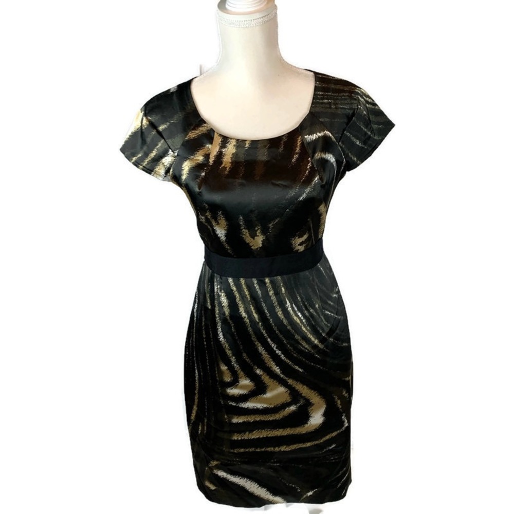 Tahari Black Print Satin Stretch Classy Dress - Picture 1 of 8